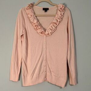 Dialogue Light Pink Ruffled Neckline Button Cardigan M
